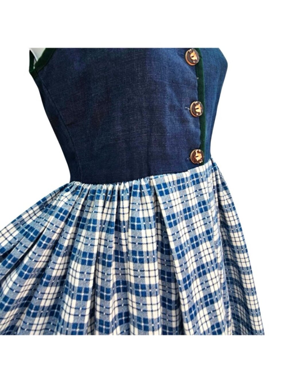 Vintage 80s 90s Handmade Dirndl Dress Blue and White Cotton Polyester XXS - Picture 6 of 16